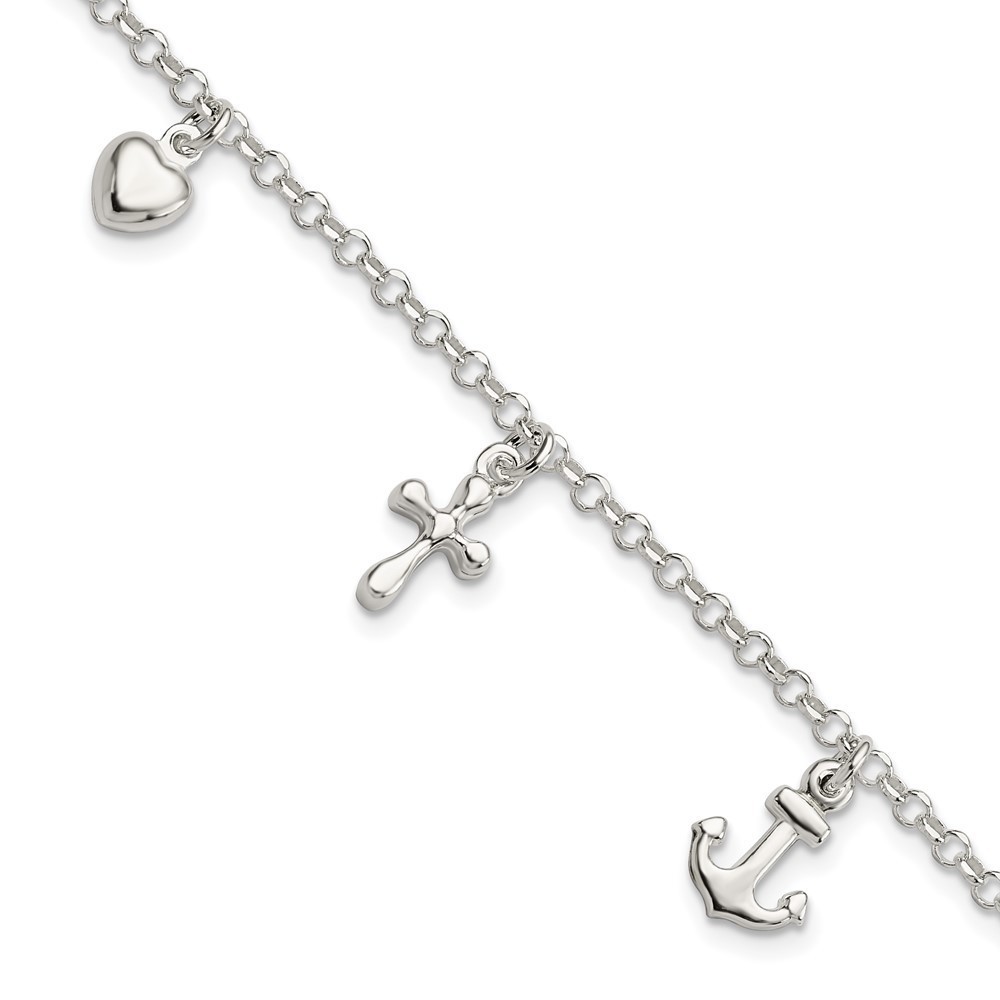 925 Sterling Silver Nautical Cross, Anchor, Heart Bracelet, 7.5" Length
